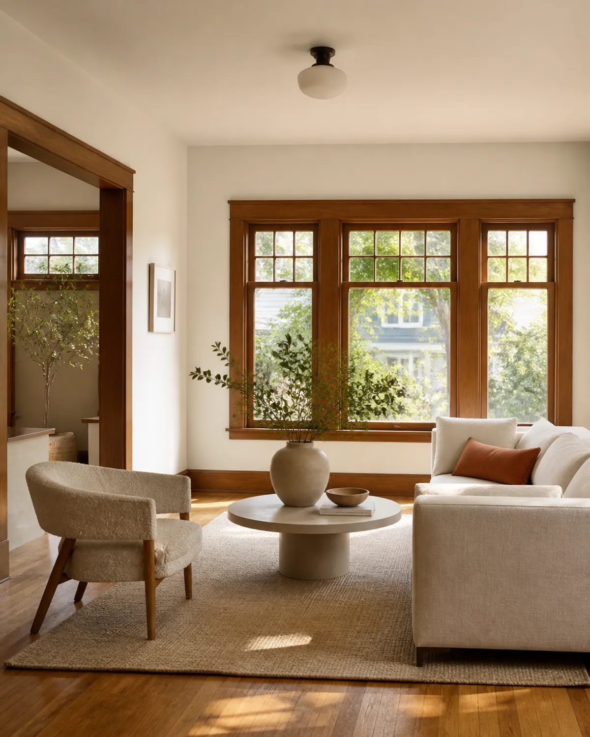 Staged Craftsman living room with wood-trimmed windows and warm natural light