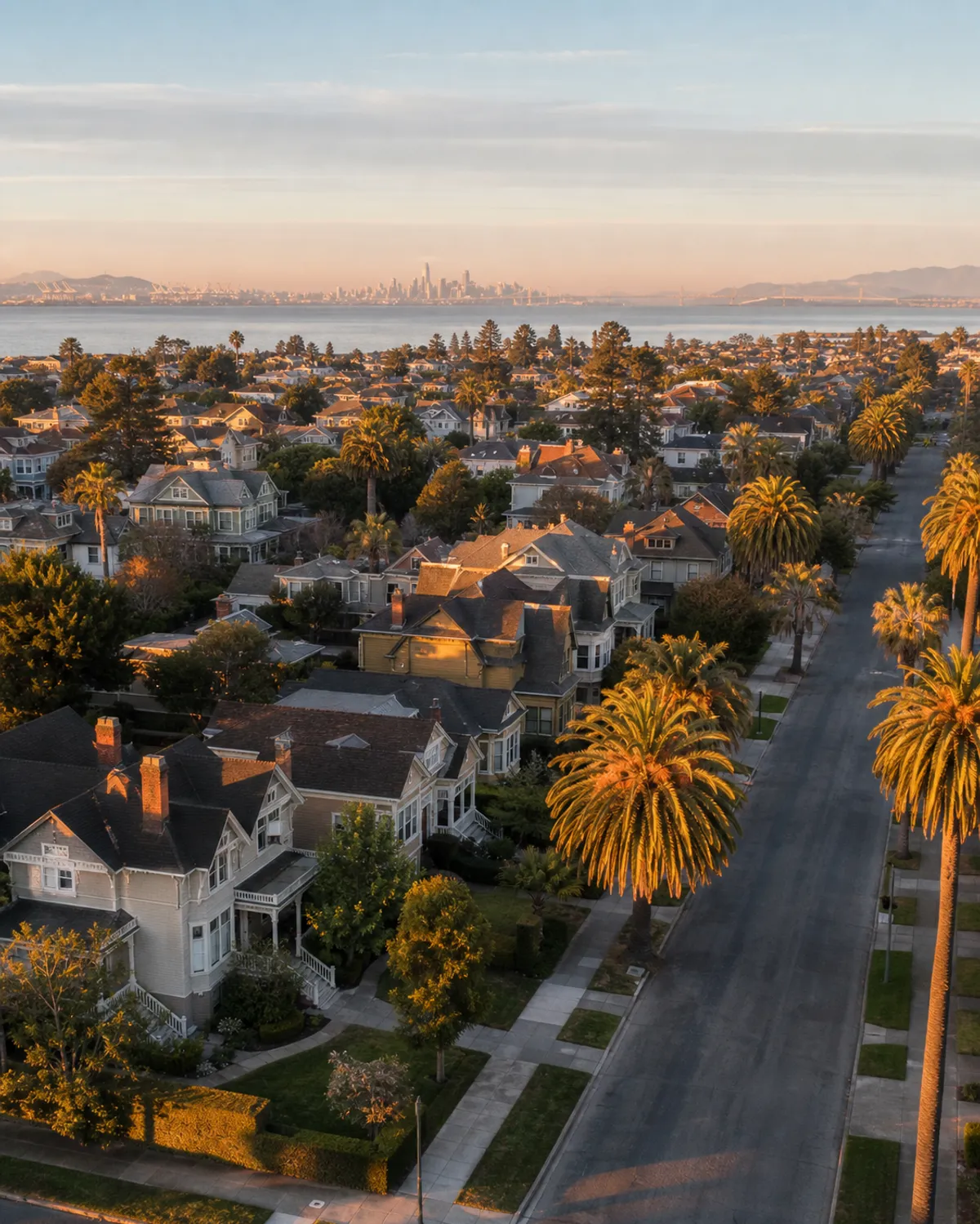 Palm-lined Victorian streets of Alameda at golden hour, the San Francisco skyline across the bay